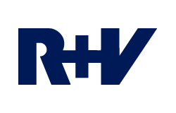 Logo der R+V Versicherung mit dunkelblauem Schriftzug in moderner Blockschrift auf transparentem Hintergrund