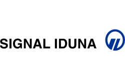 Logo der Signal Iduna Versicherung mit schwarzem Schriftzug und blauem Symbol, moderne Darstellung auf transparentem Hintergrund