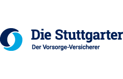 Logo der Stuttgarter Versicherung mit blauem Schriftzug „Die Stuttgarter“ und stilisierter Bildmarke auf transparentem Hintergrund
