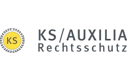 Logo der KS Auxilia Rechtsschutzversicherung mit gelbem Kreis und schwarzer Schrift auf transparentem Hintergrund