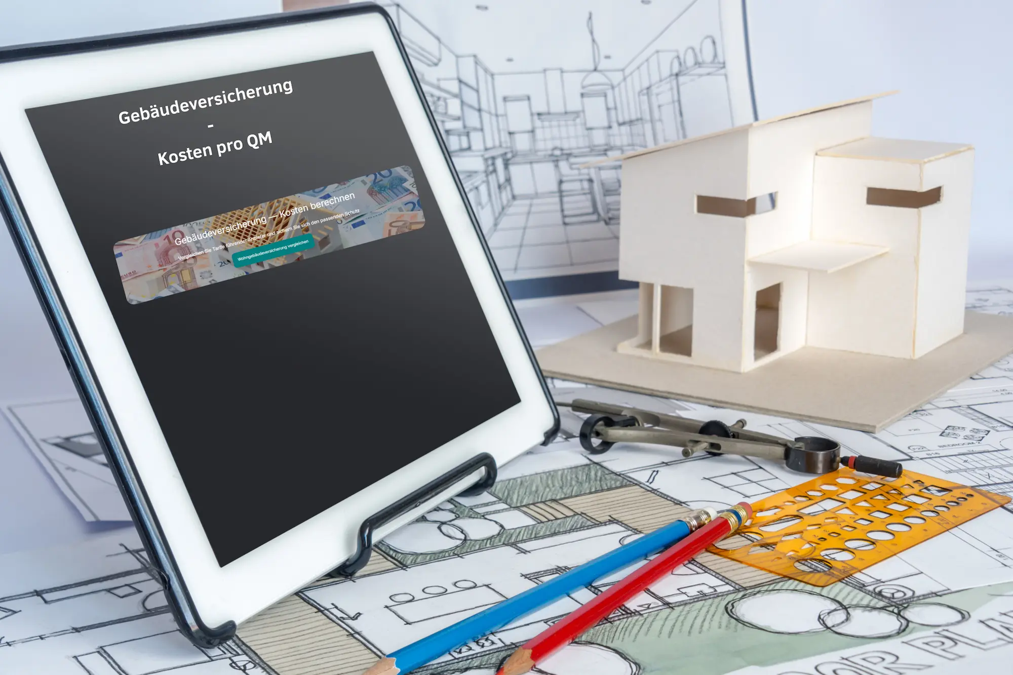 Tablet mit Anzeige „Gebäudeversicherung – Kosten pro QM“ neben Architekturmodell und Bauplänen