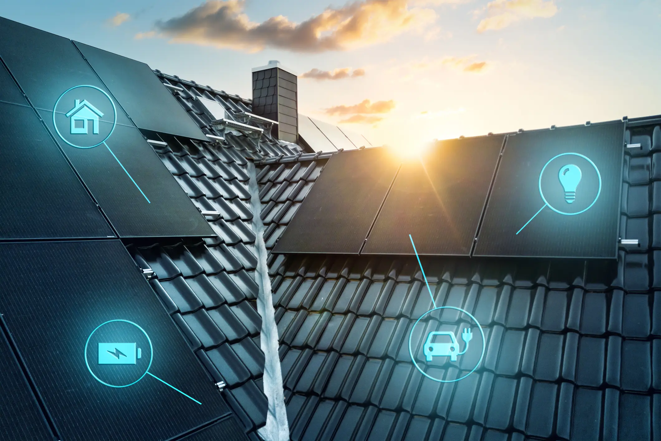 Photovoltaikanlage auf dem Dach mit Smarthome-Symbolen für Energie, Stromspeicher, Elektroauto und Gebäudeautomation bei Sonnenaufgang.