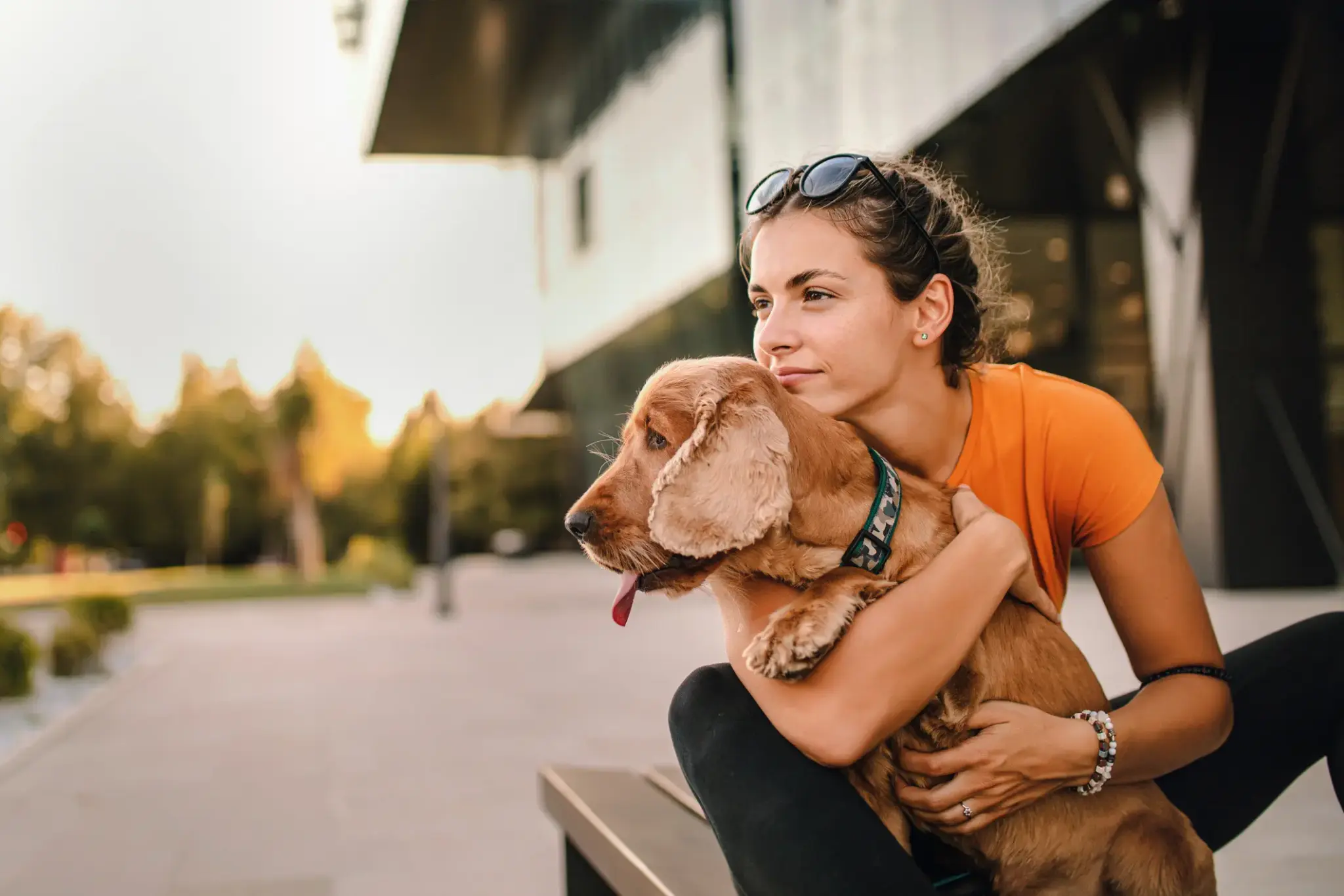Junge Frau sitzt mit ihrem Hund auf einer Bank und blickt nachdenklich in die Ferne – Vorsorge durch Hundehaftpflicht und Krankenversicherung.
