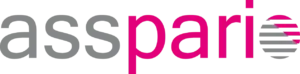 Logo des Versicherers asspario mit modernem Schriftzug in Grau und Magenta sowie stilisierter Kugelgrafik auf transparentem Hintergrund.