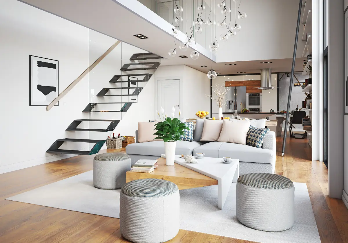 Modernes Wohnzimmer mit Treppenbereich, Sitzgruppe und hellen Farben