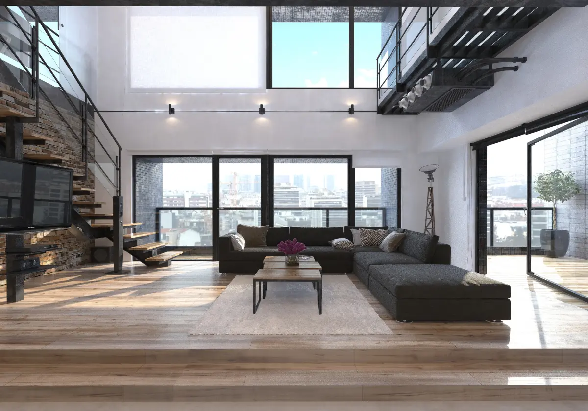 Stilvolles Loft mit viel Licht, Holzboden und modernen Möbeln in urbanem Stil