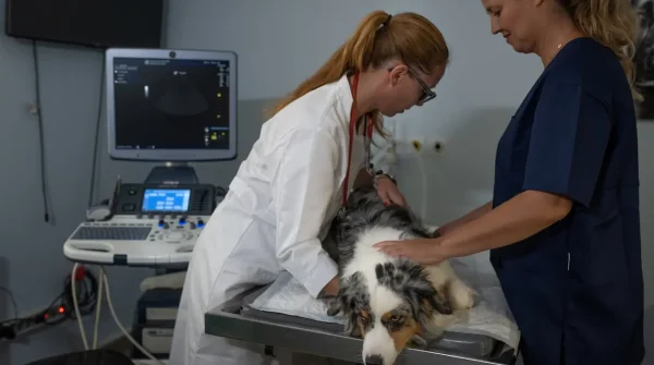 Australian Shepherd liegt auf Behandlungstisch, wird von Tierärztinnen während einer Ultraschalluntersuchung betreut