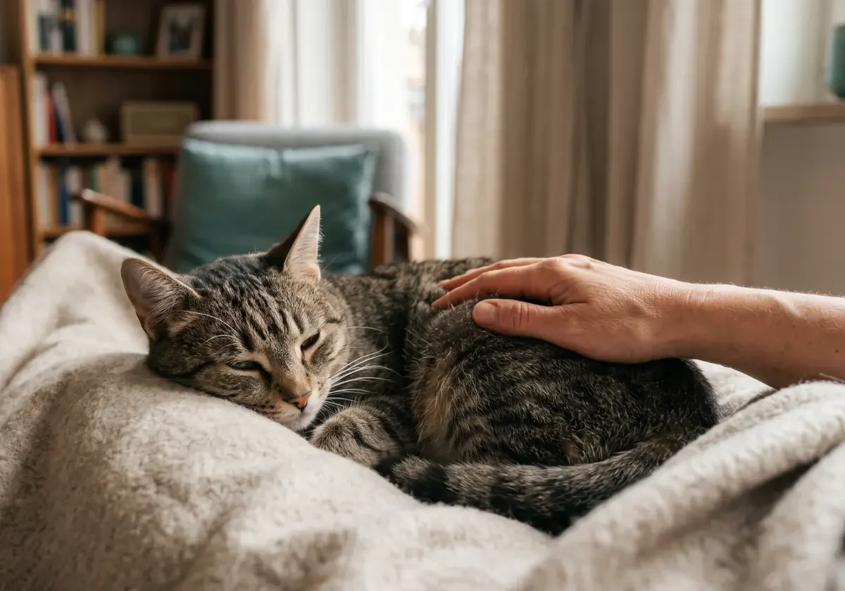 Katze liegt entspannt auf einer Decke, während eine Hand sie beruhigend streichelt, als Motiv für die AGILA Katzen-OP-Versicherung