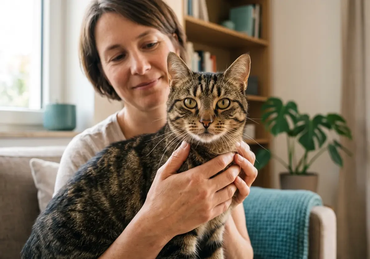Halterin hält eine getigerte Katze im Arm als Motiv für die AGILA Katzenkrankenversicherung im häuslichen Umfeld