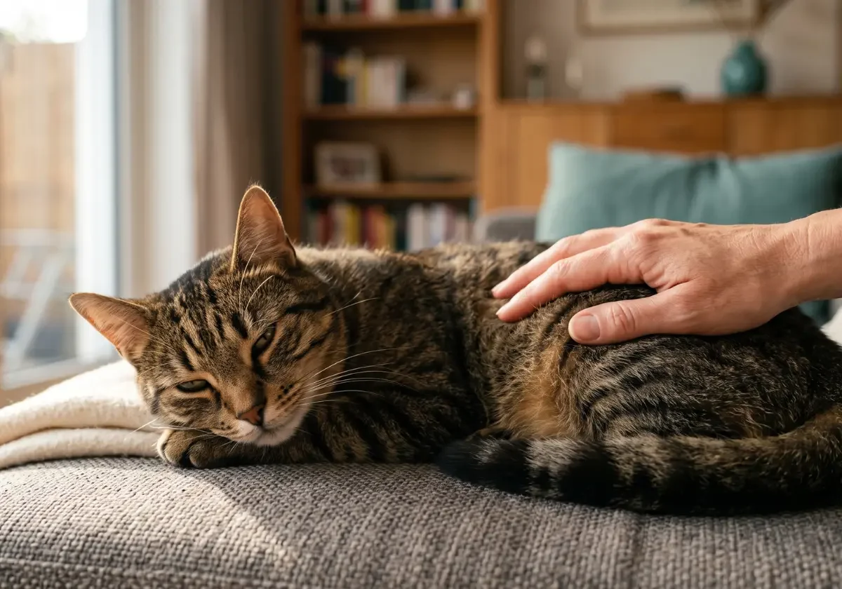 Getigerte Katze liegt auf dem Sofa und wird gestreichelt als Motiv für die AGILA Katzenversicherung im Alltag