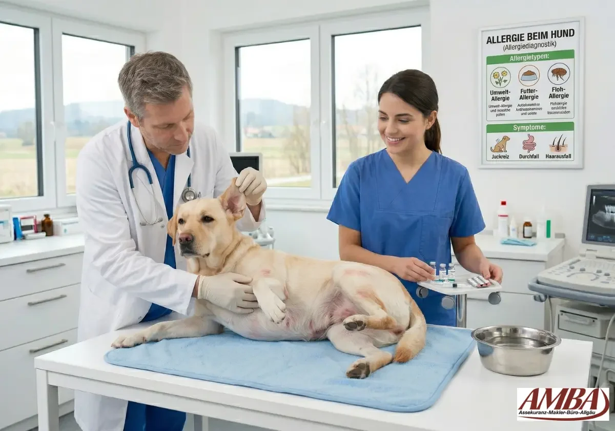Tierarzt untersucht Haut und Ohr eines Labradors mit sichtbaren Hautveränderungen, während eine Helferin Testmaterial bereithält