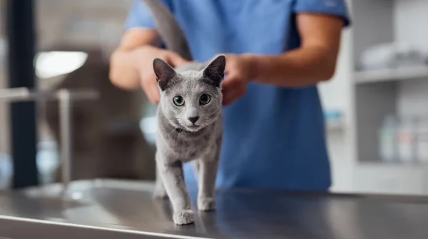 Allianz Katzen-OP-Versicherung Graue Katze steht aufmerksam auf einem Behandlungstisch in der Tierarztpraxis – Symbolbild für Allianz Katzen-OP-Versicherung