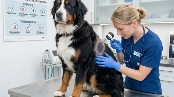 Tierärztin untersucht Bernersennenhund mit kahlen Hautstellen und Alopezie in einer Tierarztpraxis