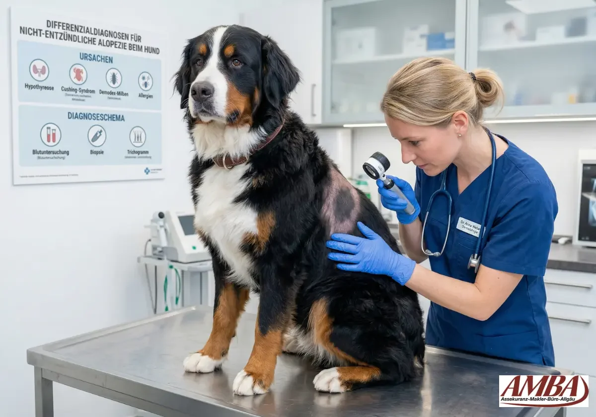 Tierärztin untersucht Bernersennenhund mit kahlen Hautstellen und Alopezie in einer Tierarztpraxis