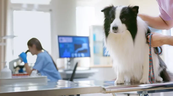 Schwarz-weißer Border Collie steht auf einem Behandlungstisch in der Tierarztpraxis, wird von Tierpflegerin gehalten