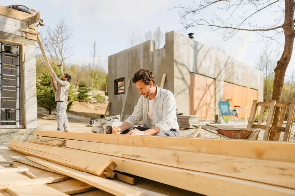 Zwei Männer arbeiten gemeinsam auf einer privaten Baustelle – Symbolbild für Bauhelfer und die Absicherung durch eine Bauhelfer­versicherung.