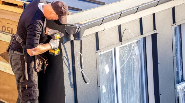 Handwerker bei Montagearbeiten an einem Haus – Symbolbild für betriebliche Haftung und Betriebshaftpflichtversicherung