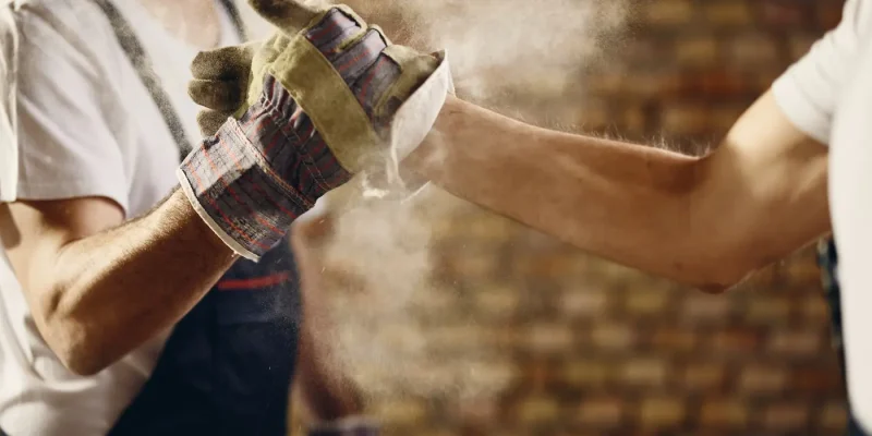 Zwei Handwerker klatschen sich in staubiger Werkstatt mit Arbeitshandschuhen zur Begrüßung ab