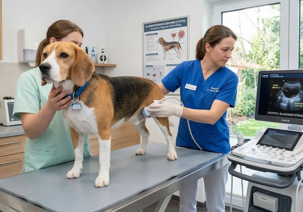 Tierärztin untersucht den Unterbauch eines Beagles per Ultraschall, während eine Helferin den Hund auf dem Tisch sichert