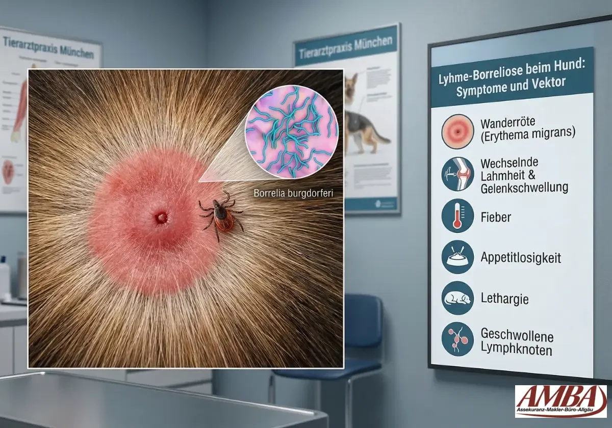 Infografik zu Borreliose beim Hund mit Zecke, geröteter Bissstelle und Symptomen wie Fieber, Lahmheit und Lethargie