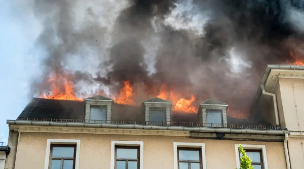Dachgeschoss eines Wohnhauses in Flammen, dichter Rauch steigt auf