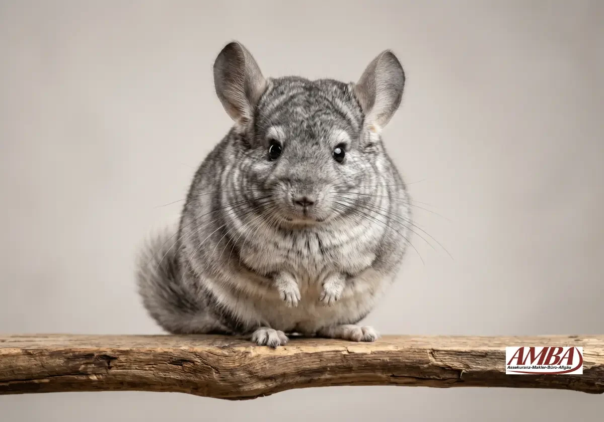 Grau-weißes Chinchilla auf einem Ast als Motiv für eine Chinchillaversicherung