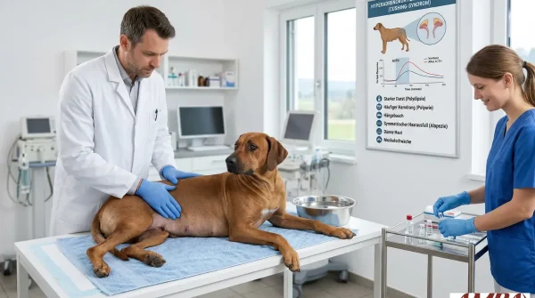 Tierarzt untersucht den Bauch eines Hundes, während eine Helferin Blutproben für die Diagnostik des Cushing-Syndroms vorbereitet