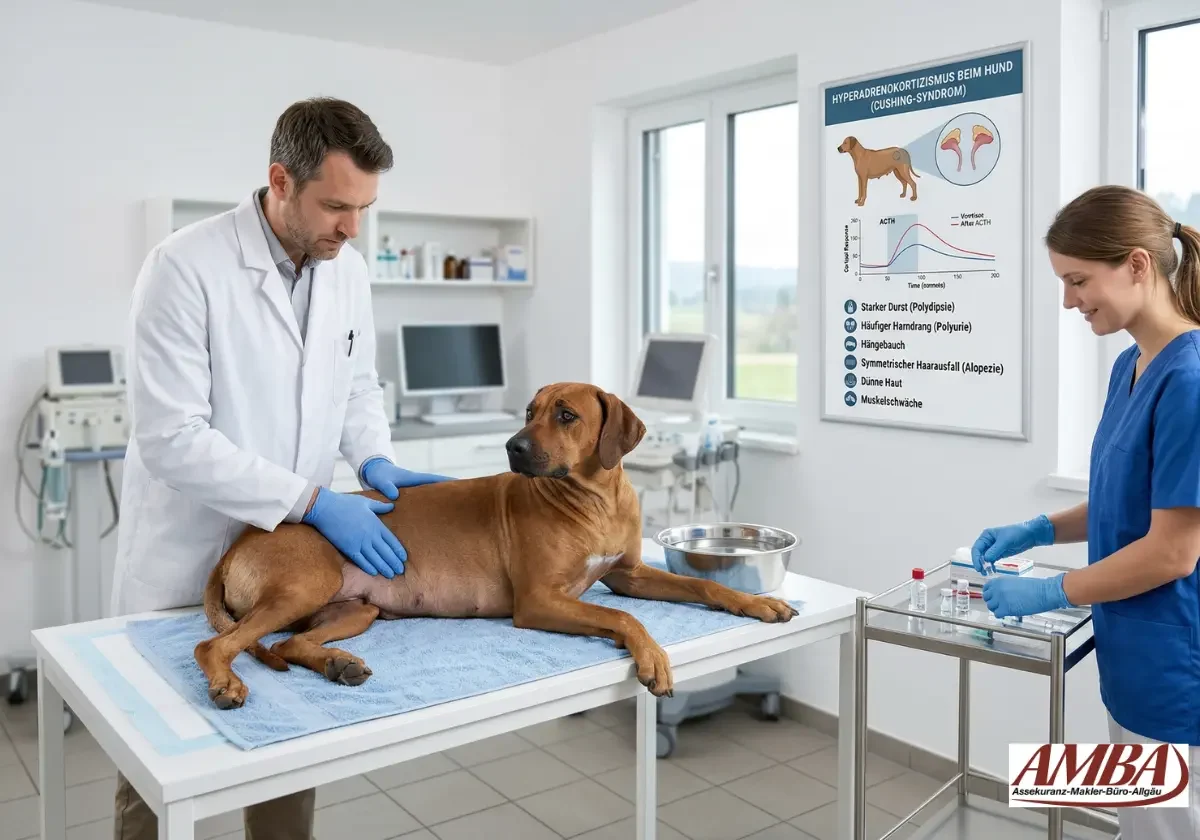 Tierarzt untersucht den Bauch eines Hundes, während eine Helferin Blutproben für die Diagnostik des Cushing-Syndroms vorbereitet