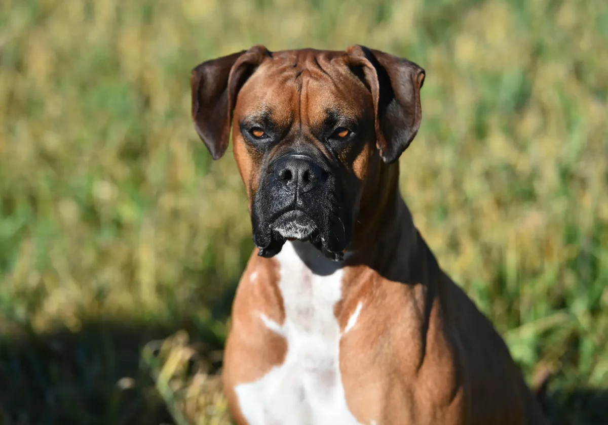 Nahaufnahme eines Deutschen Boxers mit braunem Fell und weißer Brust, der aufmerksam in die Kamera blickt