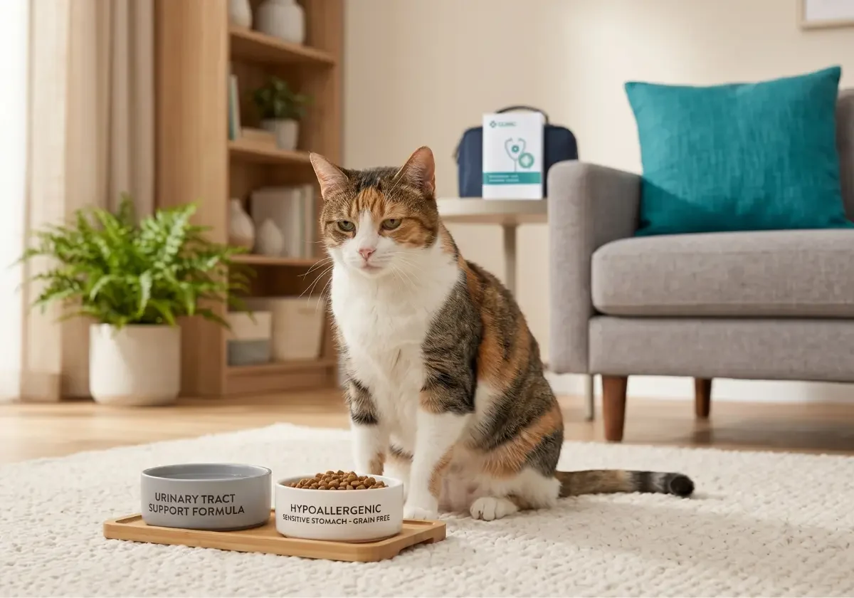 Katze mit Wassernapf und Glukosemessgerät als Symbol für Diabetes im Alltag
