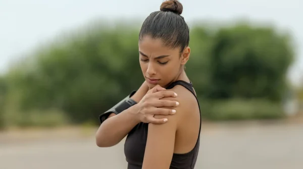 Sportlerin mit schmerzverzerrtem Gesicht greift sich an die Schulter – Verletzung durch Eigenbewegung beim Training