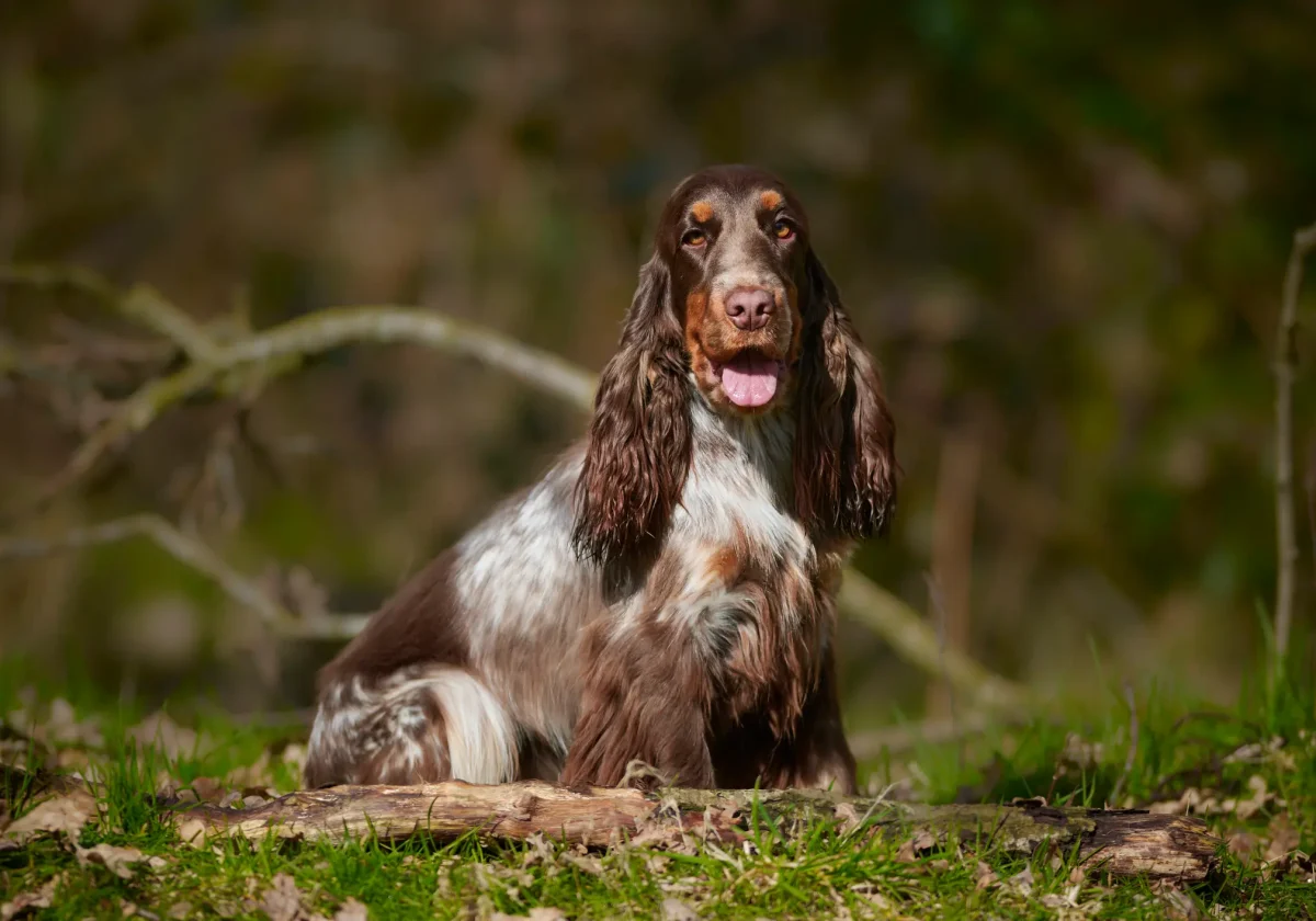 Braun-weißer English Cocker Spaniel mit langem, gewelltem Fell sitzt aufmerksam im Wald und schaut in die Kamera