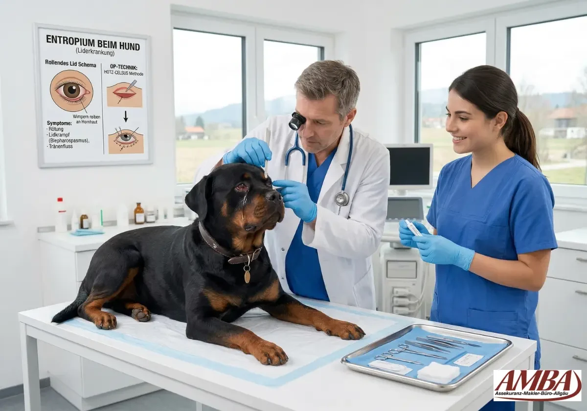 Tierarzt untersucht das Auge eines Rottweilers auf dem Behandlungstisch, während eine Helferin Instrumente bereithält