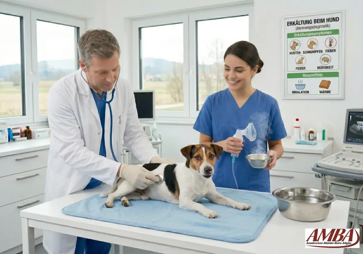 Tierarzt untersucht einen kleinen Hund mit Stethoskop, während eine Helferin Inhalationsmaske und Schüssel bereithält