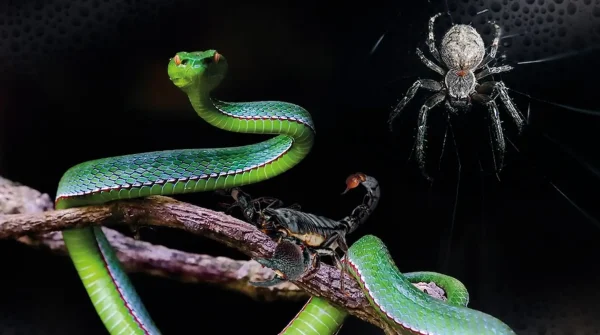 Grüne Schlange, Skorpion und Spinne auf einem Ast im Terrarium – Symbolbild für exotische Tiere und Tierhalterhaftpflicht