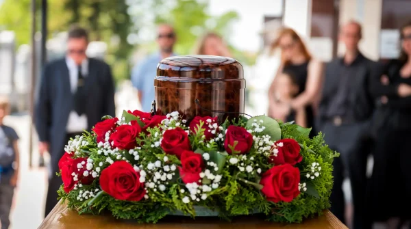 Braune Urne mit Blumenkranz aus roten Rosen steht auf einem Sarg – Trauergäste im Hintergrund symbolisieren die Abschiednahme bei Feuerbestattung