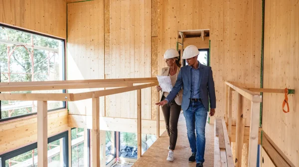 Zwei Bauleiter mit Bauplänen und Helmen begehen einen Neubau aus Holz – Symbolbild für Feuerrohbauversicherung während der Bauphase.