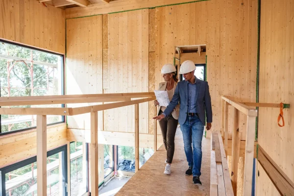 Zwei Bauleiter mit Bauplänen und Helmen begehen einen Neubau aus Holz – Symbolbild für Feuerrohbauversicherung während der Bauphase.