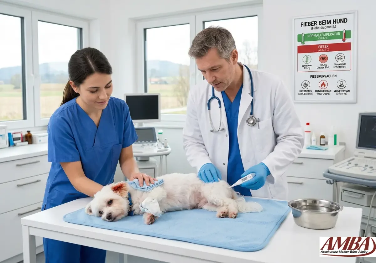 Tierarzt misst bei einem kleinen weißen Hund auf dem Behandlungstisch Fieber, während eine Helferin kühlt und beruhigt