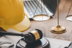 Richterhammer, Bauhelm und Justitia-Skulptur auf Schreibtisch – Symbolbild für rechtliche Absicherung im Unternehmenskontext