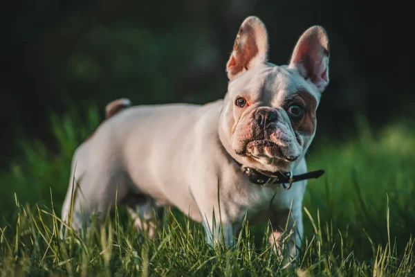 Französische Bulldogge mit hellem Fell und dunklem Halsband steht aufmerksam auf einer Wiese bei Sonnenlicht