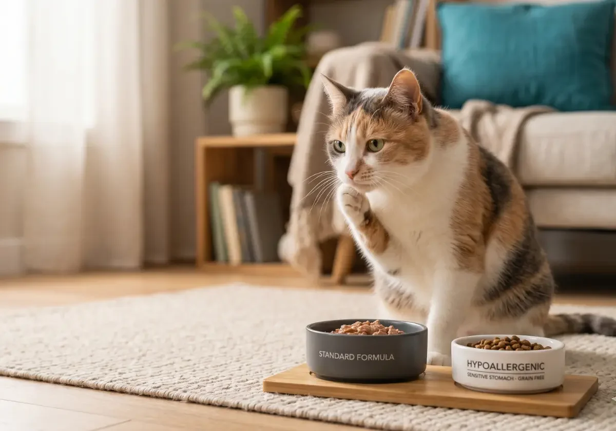 Katze kratzt sich neben Futternäpfen als Hinweis auf Futtermittelallergie und Juckreiz