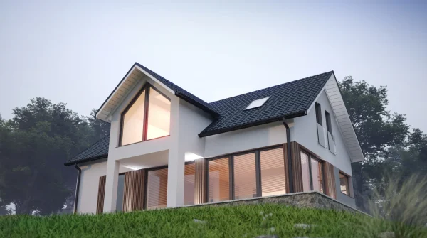 Modernes Einfamilienhaus mit Satteldach auf leichtem Hanggrundstück am Waldrand