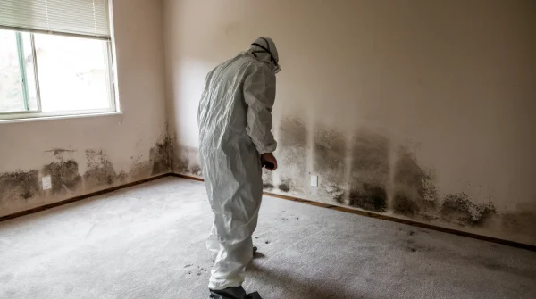 Fachkraft in Schutzanzug begutachtet starken Schimmelbefall an den Wänden eines Wohnzimmers