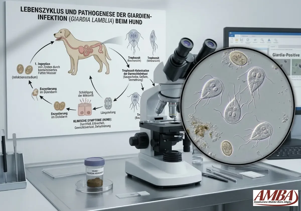 Mikroskop im Labor vor einem Schaubild zu Giardien beim Hund, mit vergrößerter Darstellung der Parasiten und Kotprobe