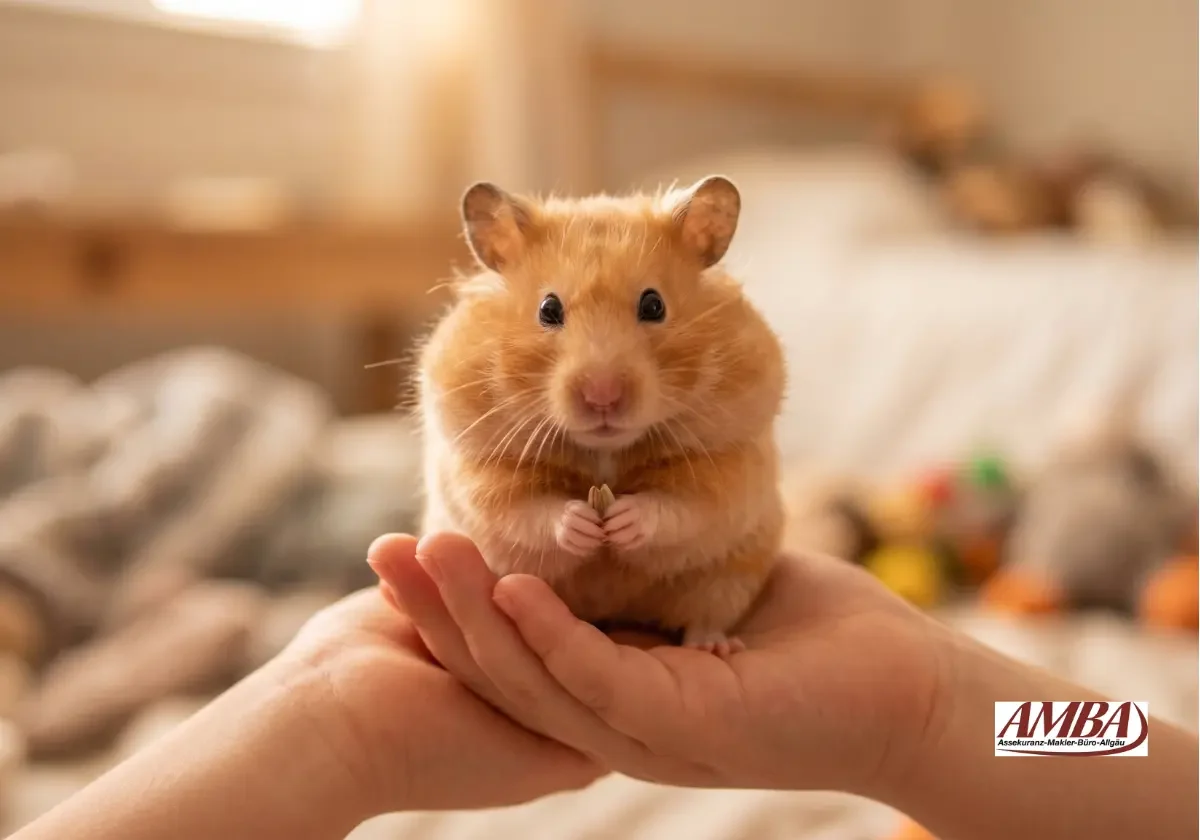 Goldhamster sitzt auf einer Hand im Wohnraum, passend zur Hamsterversicherung für Kleinsäuger.