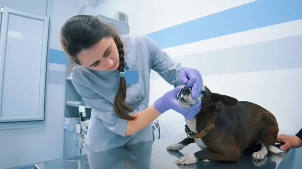 Tierärztin untersucht vorsichtig das Gebiss eines kleinen Hundes auf einem Behandlungstisch in moderner Praxis