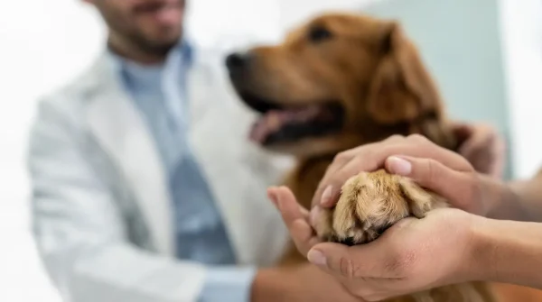 Golden Retriever gibt vertrauensvoll die Pfote in eine menschliche Hand, Tierarzt im Hintergrund lächelt