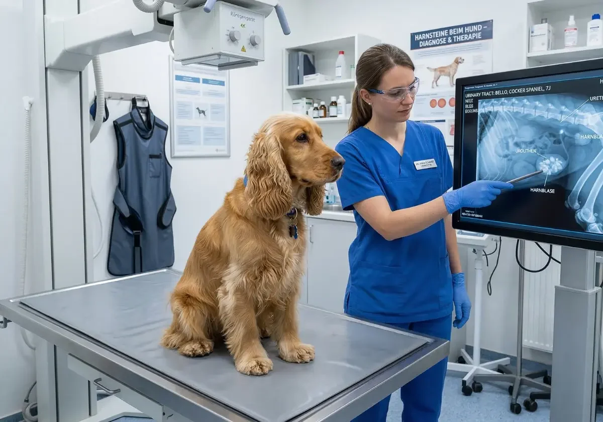 Tierärztin zeigt auf ein Röntgenbild der Harnblase, während ein Hund im Röntgenraum auf dem Untersuchungstisch sitzt