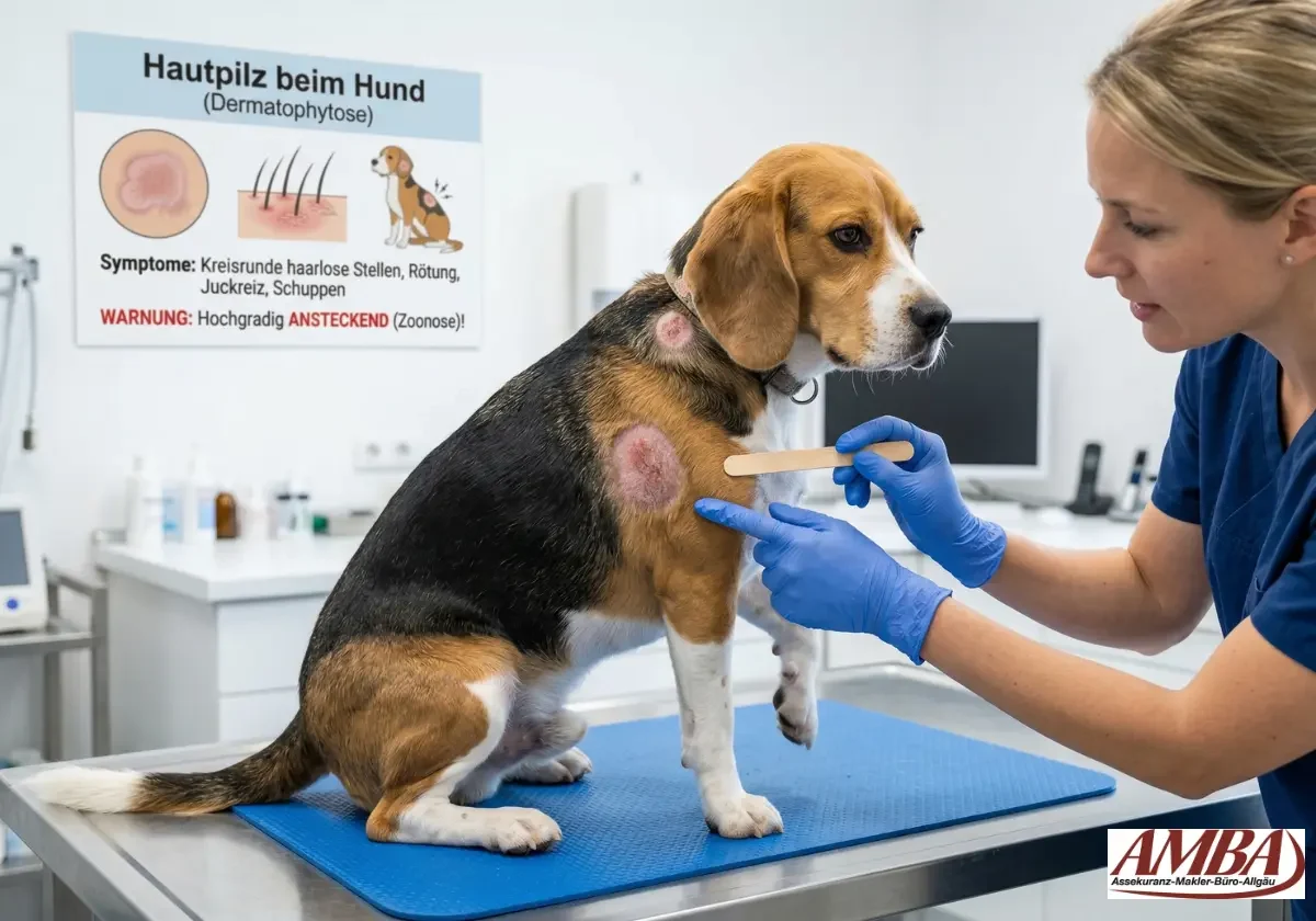 Tierärztin untersucht Beagle mit runden kahlen Hautstellen durch Hautpilz in der Tierarztpraxis